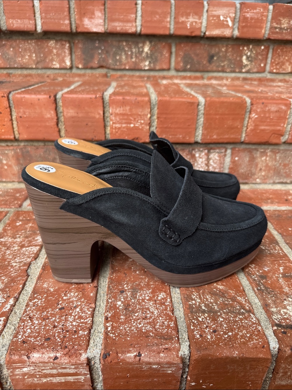 Splendid Vina Black Suede Heeled Platform Clogs Wooden Wedge Shoes Size 9.5